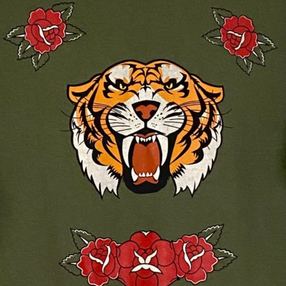 Tiger Roses Sweatshirt Army Green Made by Wound Up Size XS - Picture 3 of 5